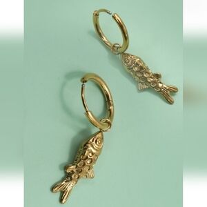 Gold Plated Fish Charm Huggie Earrings